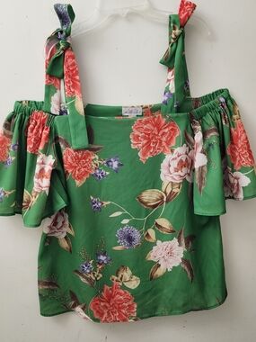 Sweet Pea For NY & Co. Green Floral Top S Off Shoulders Resortwear Boho Versatil